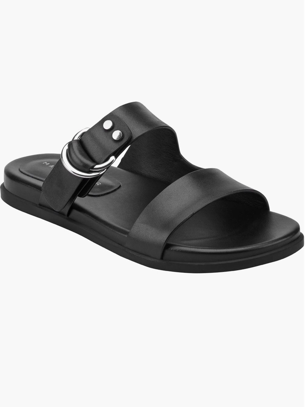 NEW: Marc Fisher Gia Black Leather Double-Strap Slide Sandal with Silver Buckle